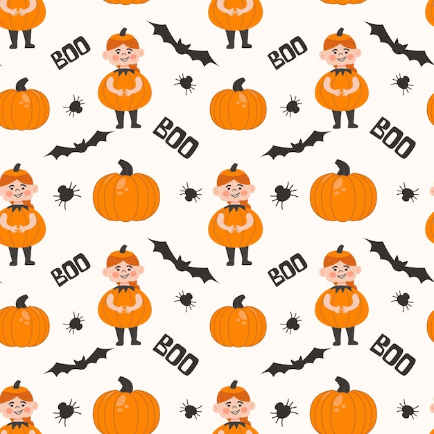 Modèle Sans Couture De Fête De Costume D'enfants D'halloween Mignon Costume De Citrouille De Fille De Gingembre Illustration Vectorielle