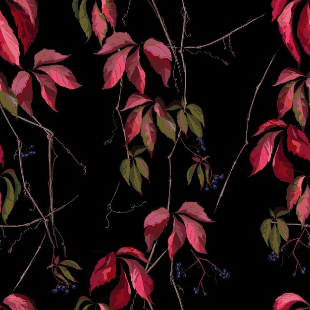 Modèle sans couture avec des feuilles colorées de raisins sur fond noir