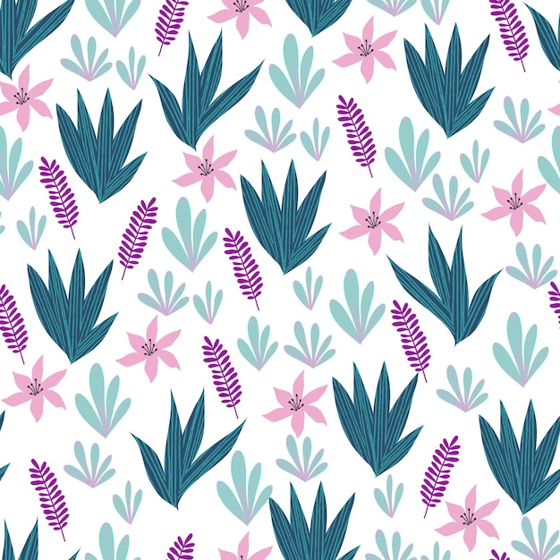 Modèle Sans Couture Avec Des Feuilles Et Des Fleurs De Palmiers Tropicaux Abstraits. Illustration Vectorielle.