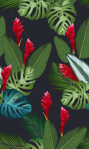 Modèle Sans Couture Feuilles Tropicales Avec Fleur