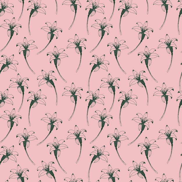 Modèle sans couture de fleur d'hémérocalle dessiné à la main Motif de lys vectoriel sur fond rose pastel Impression de croquis de fleur de Lys noir