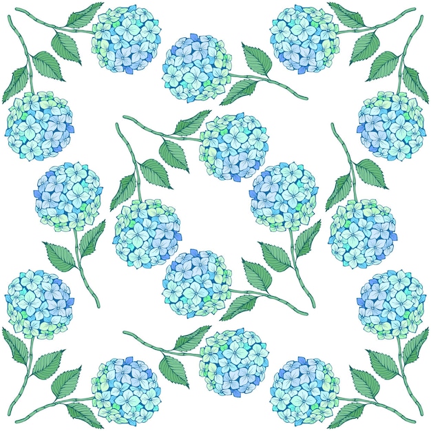 Modèle sans couture de fleur d'hortensia Tige de pétales verts bleus et feuilles sur blanc Texture vectorielle pour papier peint textile en tissu imprimé