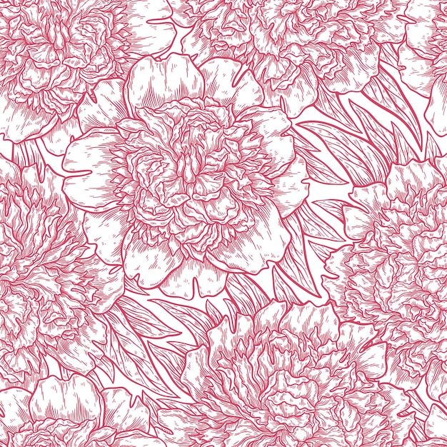 Modèle Sans Couture Avec Fleur De Pivoines Dessiné à La Main En Lignes