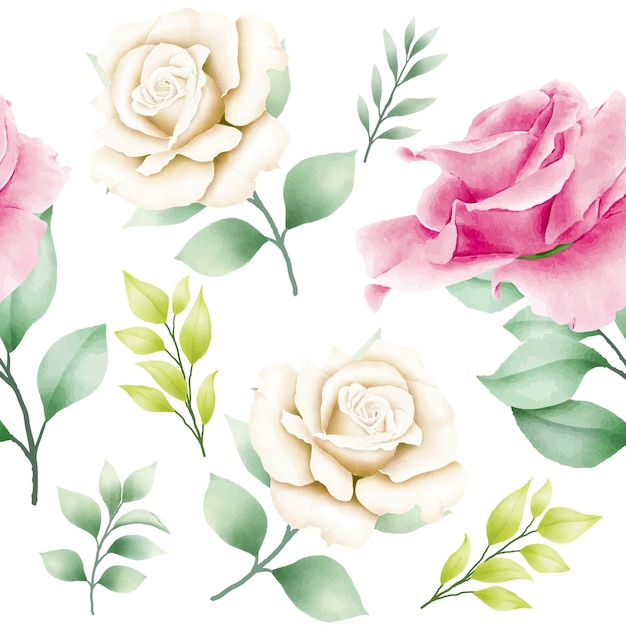 Vecteur modèle sans couture de fleur de rose à l'aquarelle dessinée à la main