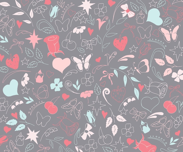 Modèle sans couture avec fleurs bougies coeurs et fraises. Griffonnages dessinés à la main.