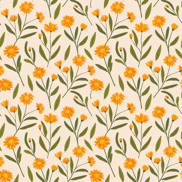 Vecteur modèle sans couture avec des fleurs orange calendula avec des feuilles éparpillées sur le fond