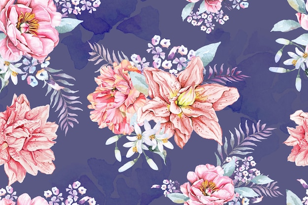 Modèle sans couture de fleurs de pivoine et de lys peintes à l'aquarelle pour tissu et papier peint