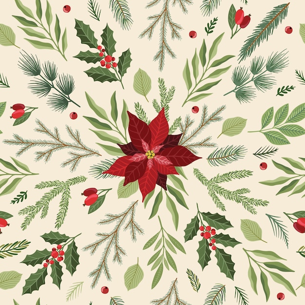 Modèle Sans Couture Avec Des Fleurs De Poinsettia Dessinées à La Main Et Des Branches Florales Et Des Baies, Des Fleurs De Noël.