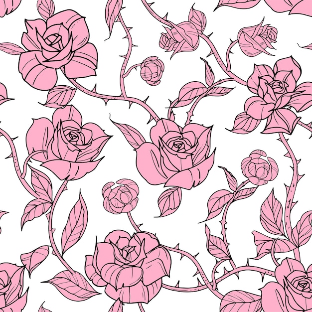 Modèle Sans Couture Fleurs Roses Et Branches Vector Illustration