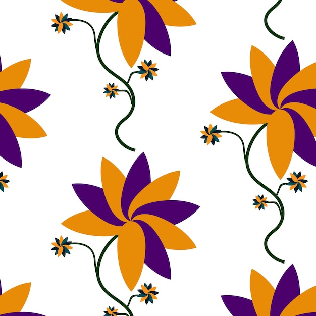 Vecteur un modèle sans couture avec des fleurs violettes et orange sur fond blanc.