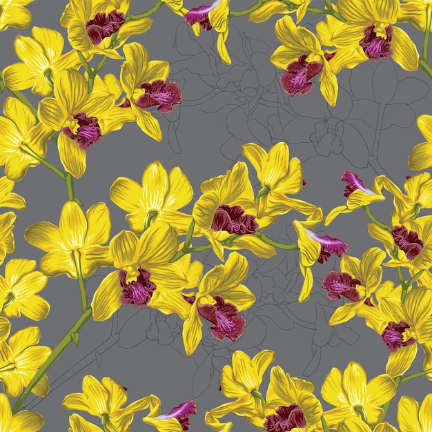 Modèle Sans Couture Floral Avec Fond Abstrait De Fleurs D'orchidée Jaune.