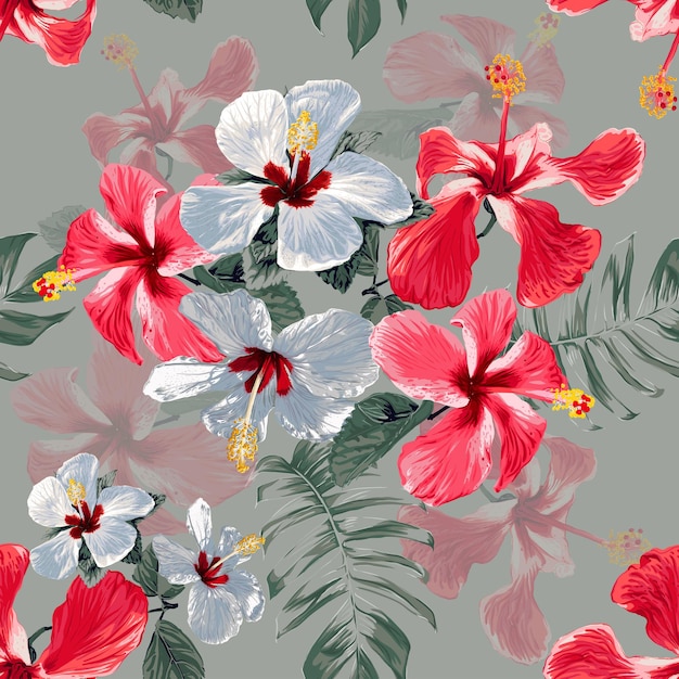 Vecteur modèle sans couture floral tropical avec fond abstrait de fleurs d'hibiscus rouge et blanc