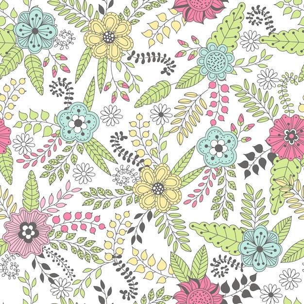 Modèle Sans Couture Floral De Vecteur Dans Un Style Doodle Avec Des Fleurs Laisse Des Bourgeons De Fleurs De Baies