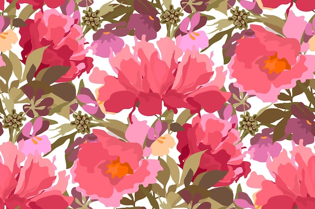 Vecteur modèle sans couture floral de vecteur avec des fleurs de jardin. illustration avec des pivoines de couleur rouge, rose, corail