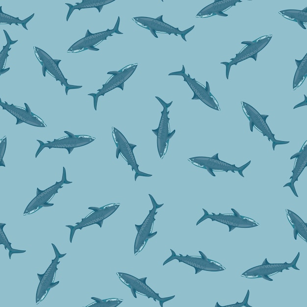 Modèle Sans Couture Fond Bleu Pastel De Requin Tigre. Gris Texturé De Poissons Marins Pour Tout Usage. Modèle Aléatoire Pour La Conception De Tissus Textiles. Ornement De Vecteur Simple.