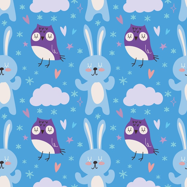 Modèle Sans Couture De Forêt Avec Des Animaux Mignons Hibou Et Lapin Illustration Vectorielle Design Plat De Style Scandinave Concept Pour Enfants Impression Textile Carte D'affiche Eps