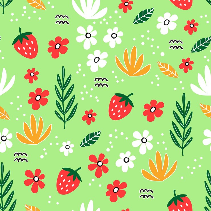 Modèle sans couture avec fraise et éléments dessinés à la main