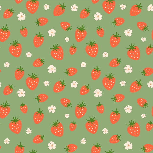 Modèle sans couture de fraises Fleurs de baies d'été mignonnes en fond vert Conception textile de tissu de fraise