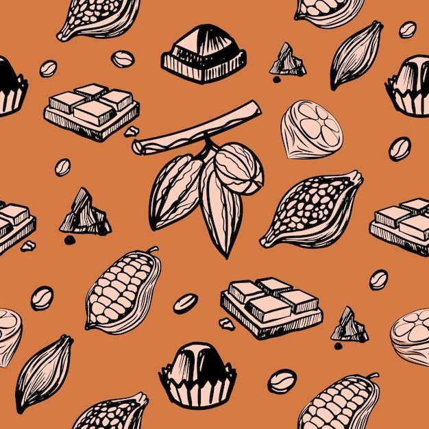 Modèle sans couture avec des fruits de cacao séchés et frais Bonbons au chocolat et fèves de cacao