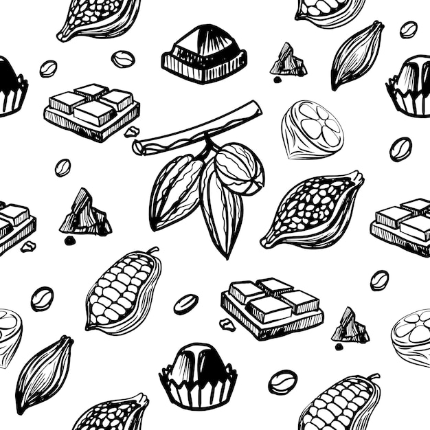Modèle sans couture avec des fruits de cacao séchés et frais Bonbons au chocolat et fèves de cacao
