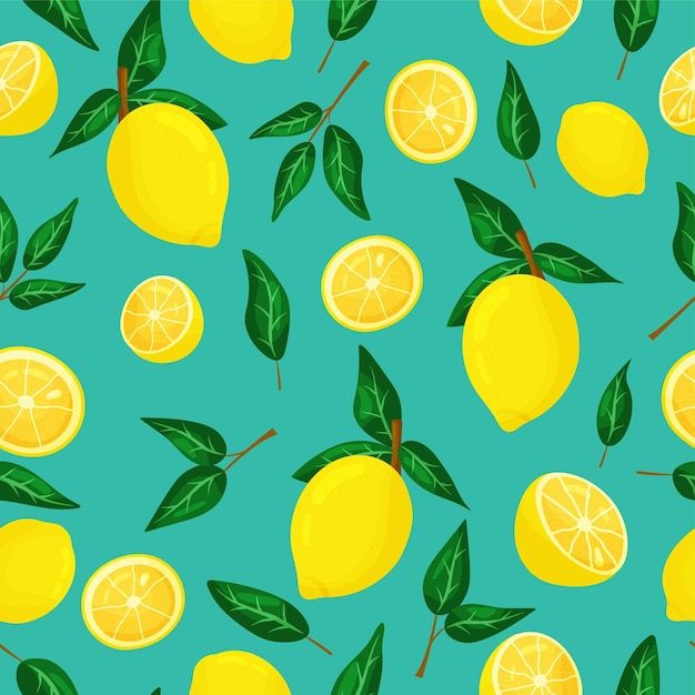 Modèle sans couture de fruits de citron de bande dessinée d'agrumes sur un fond turquoise. Toile de fond pour papier peint