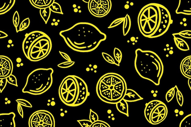 Modèle Sans Couture De Fruits Citron Jaune Sur Fond Noir