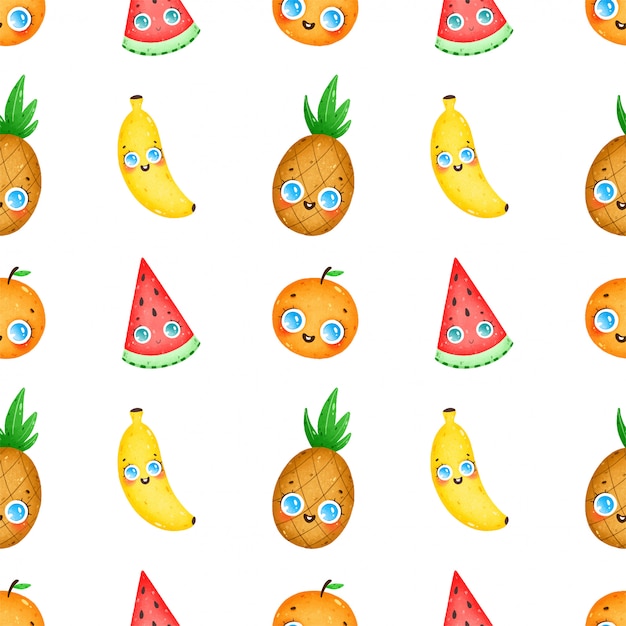 Modèle Sans Couture De Fruits Dessin Animé Mignon Sur Fond Blanc. Ananas, Banane, Pastèque, Orange