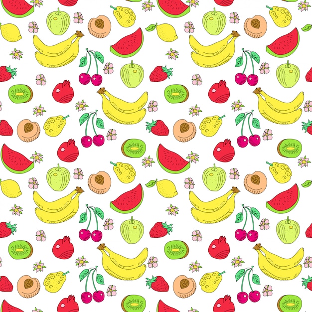 Modèle Sans Couture De Fruits Doodle. Texture De Contour De Dessin Animé D'été Avec Des Fruts Colorés. Pastèque, Kiwi Et Cerise, Banane