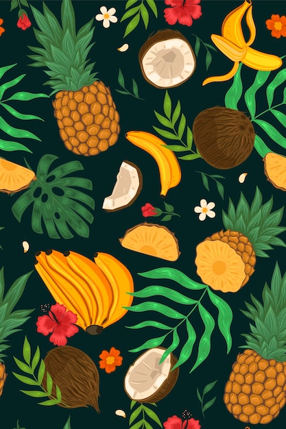 Modèle sans couture avec fruits exotiques, fleurs, feuilles. Graphiques vectoriels.