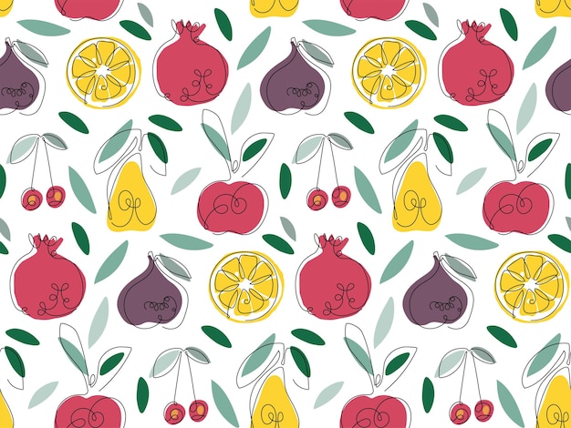 Modèle Sans Couture De Fruits Une Ligne Continue Dessinant Des Fruits Et Des Cerises Sur Des Taches De Couleurs Vives