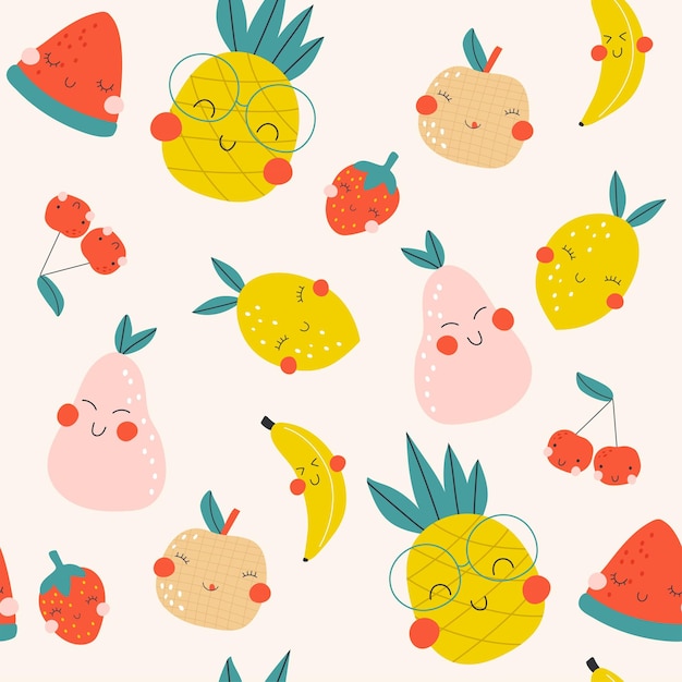 Modèle Sans Couture Avec Des Fruits Mignons Dessin Animé Fruits Pastèque Citron Ananas Illustrations Vectorielles