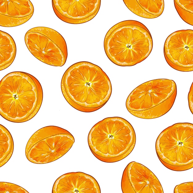 Modèle sans couture avec des fruits oranges sur fond blanc. Stock illustration vectorielle.