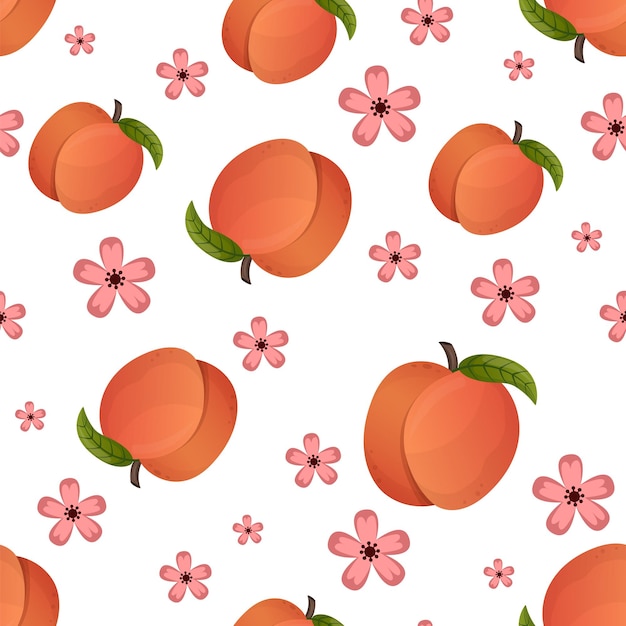 Modèle Sans Couture De Fruits Et De Plantes De Pêche Pêche En Toile De Fond Répétée De Style Dessin Animé Fruits Entiers Et Moitié Coupées Modèle Alimentaire Pour Fond Textile Papier D'emballage Papier Peint Illustration Vectorielle