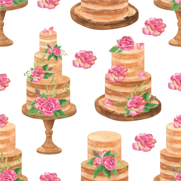Modèle sans couture avec gâteau en couches et roses Illustration aquarelle dessinée à la main