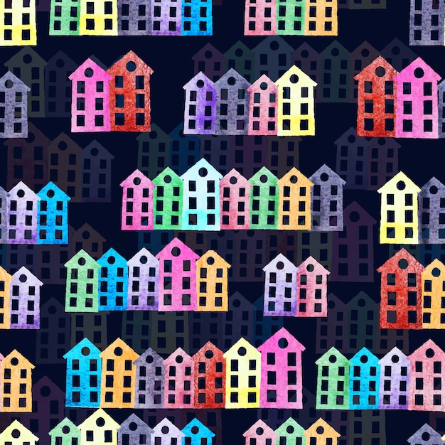 Modèle Sans Couture Avec Des Groupes De Maisons Aquarelles Multicolores La Nuit