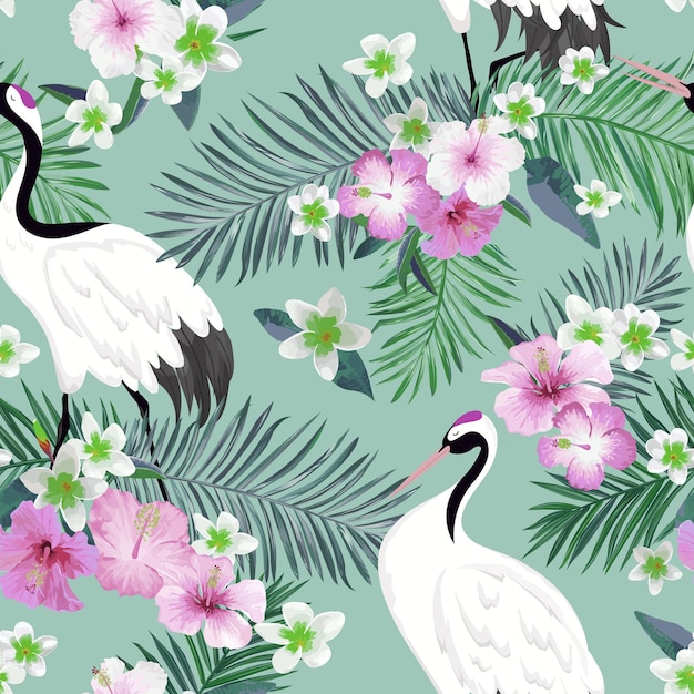 Modèle Sans Couture Avec Grues Japonaises Et Fleurs Tropicales, Fond D'oiseau Rétro, Impression De Mode Florale, Ensemble De Décoration Japonaise D'anniversaire. Illustration Vectorielle