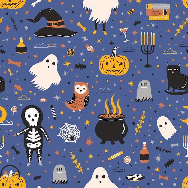 Modèle Sans Couture D'halloween Avec D'adorables Créatures Et Objets De Vacances Fantasmagoriques - Fantôme, Squelette, Jack-o'-lantern, Bonbons, Chat Noir, Chapeau De Sorcière, Toile D'araignée