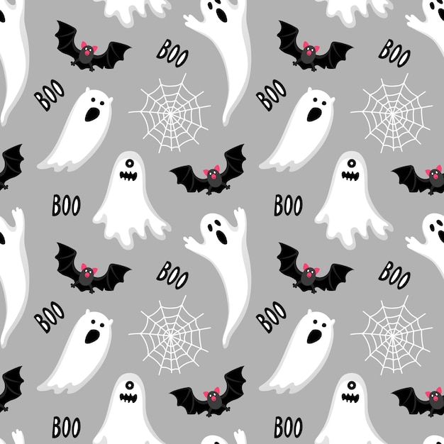 Vecteur modèle sans couture d'halloween avec chauve-souris fantômes et toile d'araignée.