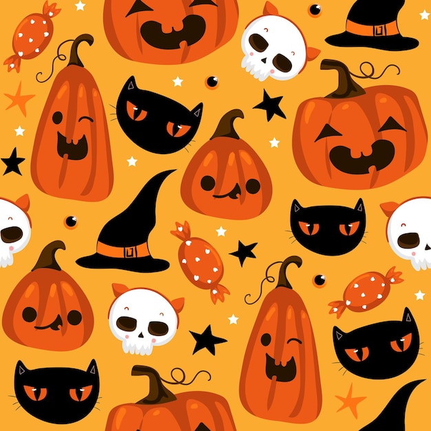 Modèle sans couture d'Halloween avec des citrouilles mignonnes, un chat noir et d'autres éléments d'halloween. Fond de vecteur d'Halloween. EPS 10