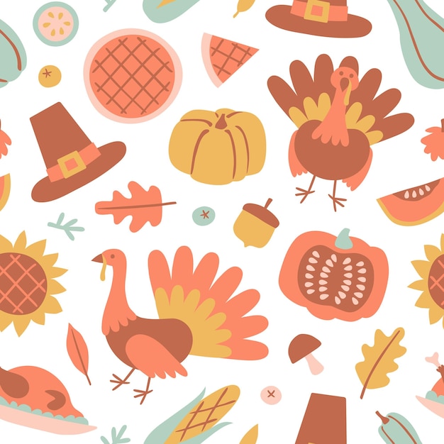 Modèle sans couture de Happy Thanksgiving Day avec des objets de vacances dans un style plat
