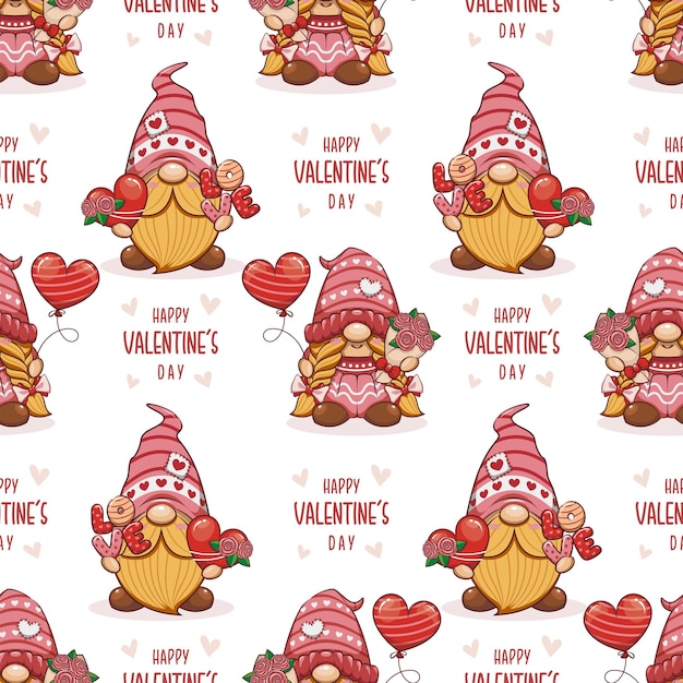 Vecteur modèle sans couture happy valentine avec des gnomes, illustration de dessin animé mignon