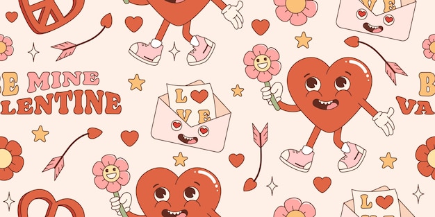 Modèle Sans Couture Hippie Groovy Saint Valentin. Avec Des Personnages Et Des éléments De Dessin Animé Rétro.