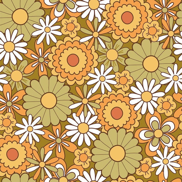 Modèle Sans Couture Hippie Rétro Des Années 70 Fond Avec Fleur Colorée Dans Un Style Vintage Illustration Avec Des Symboles Positifs Pour Les Textiles De Tissu De Papier Peint