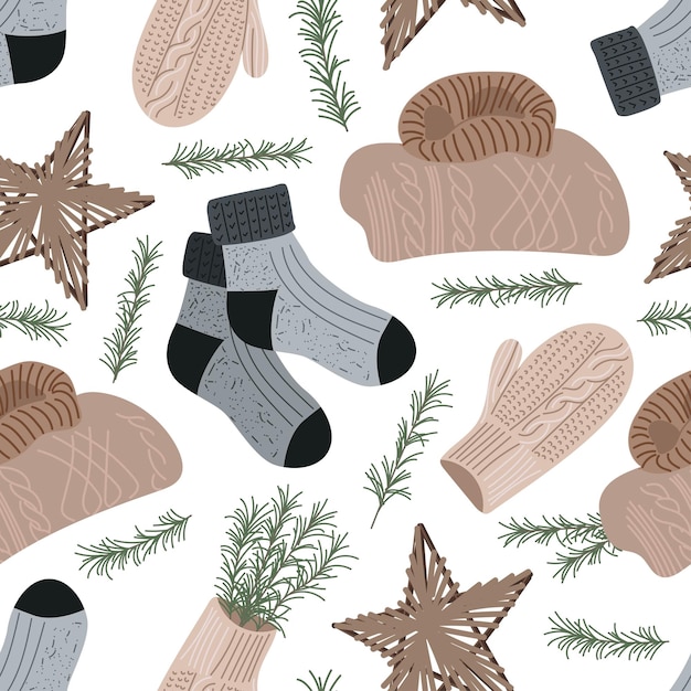 Modèle sans couture d'hiver avec pulls tricotés chaussettes brindilles et mitaines de sapin Fond de vecteur mignon Texture répétitive pour les vacances du Nouvel An Ornement de Noël