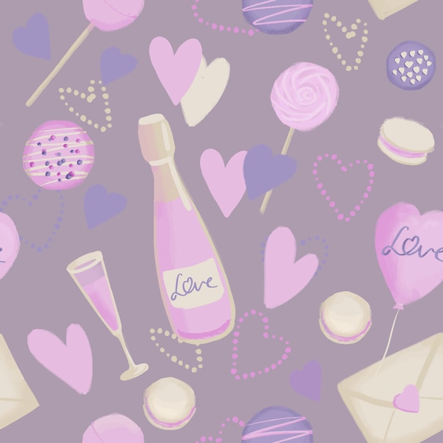 Modèle sans couture avec illustration d'objets romantiques sur les vacances de la Saint-Valentin en couleur violet rose