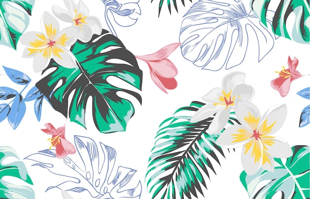 Modèle Sans Couture Avec Illustration Vectorielle De Fleurs Et Feuilles Exotiques