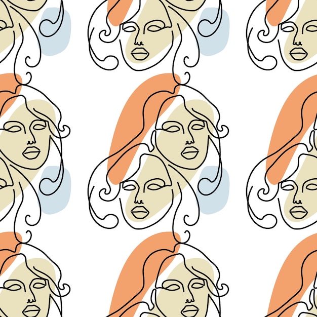 Modèle Sans Couture Avec Illustration Visage De Femme Dans Un Style D'art En Ligne Sur Fond Blanc