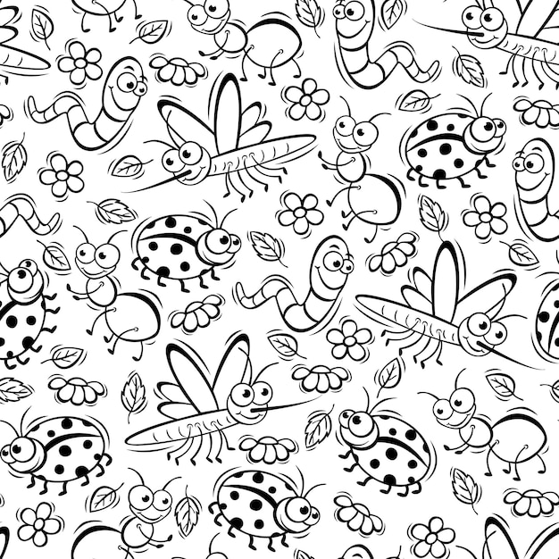 Vecteur modèle sans couture avec des insectes mignons dans un style doodle modèle sans couture d'insectes mignons dessinés à la main