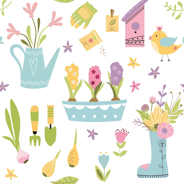 Modèle Sans Couture De Jardinage Avec éléments Dessinés à La Main Mignon Outils De Jardin Fond De Printemps Illustration Vectorielle Fond D'écran Répété Design Textile Imprimable Graines Tulipe Bulbe Bouquet De Fleurs Jacinthes En Pot