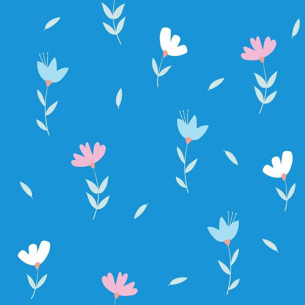 Modèle sans couture avec de jolies fleurs et feuilles Modèle vectoriel floral sur fond bleu